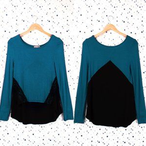 Color Block Lace Detail Top Teal Black